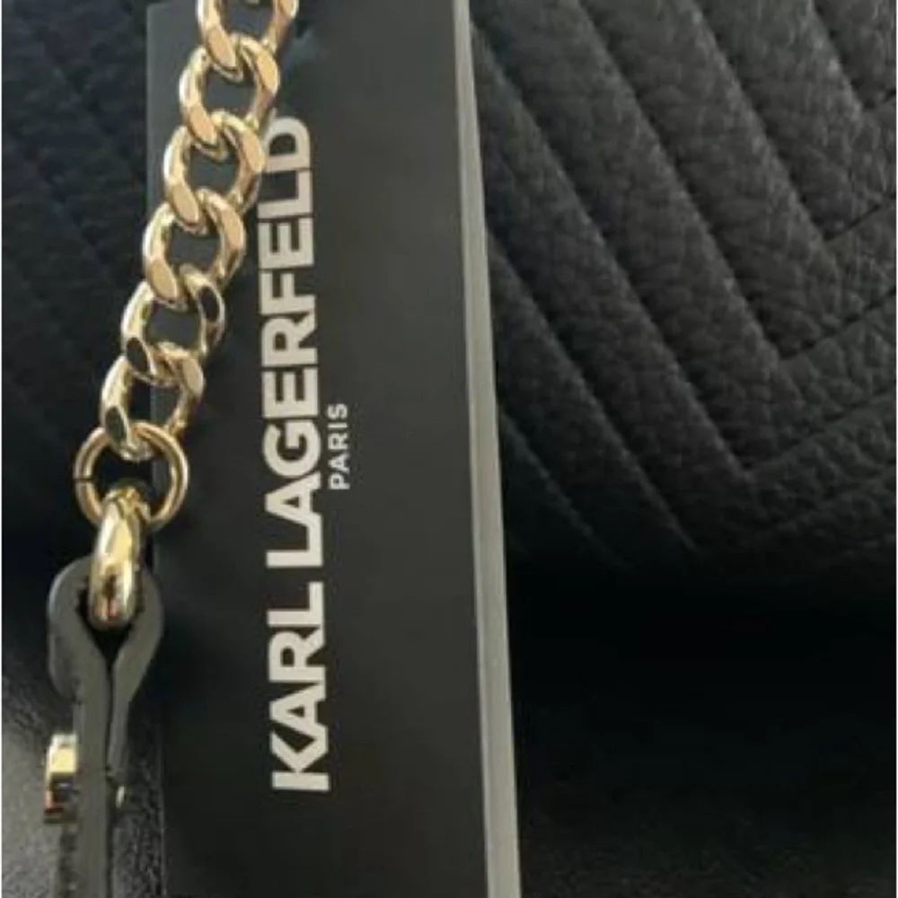 NEW! Karl Lagerfeld Black and Gold Chevron Charlotte Satchel Shoulder Bag - Picture 9 of 10